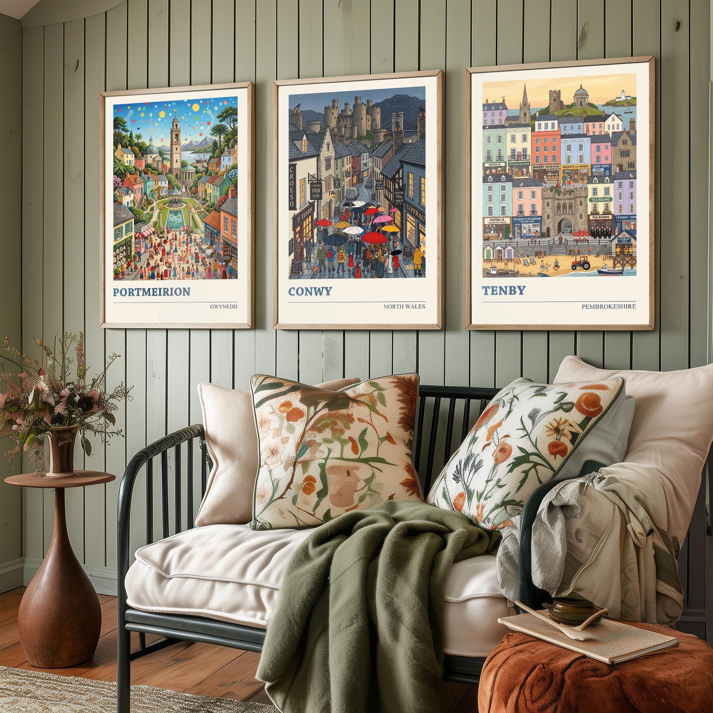 Welsh Coast Set of Three Art Prints - Portmeirion, Conwy, Tenby - 3 Colourful Folk Illustration Travel Posters - Wales Painting