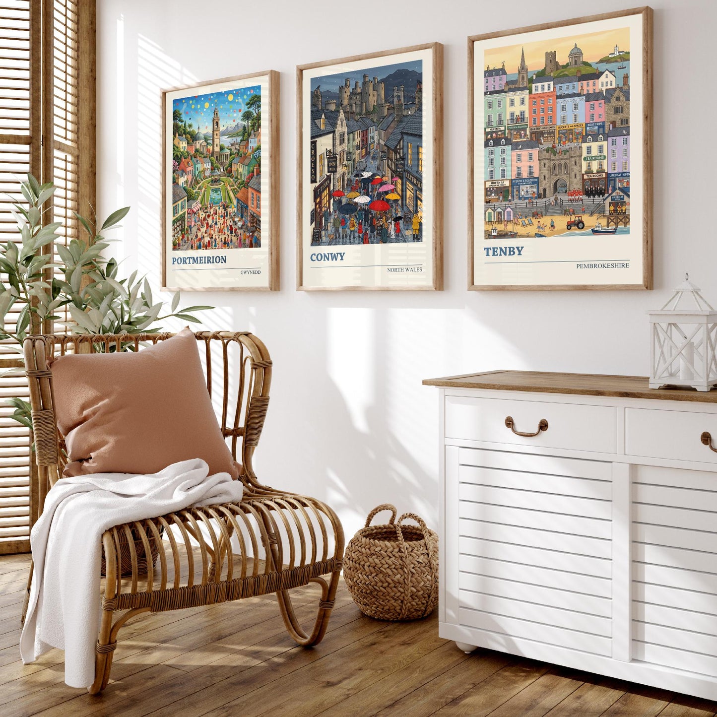 Welsh Coast Set of Three Art Prints - Portmeirion, Conwy, Tenby - 3 Colourful Folk Illustration Travel Posters - Wales Painting