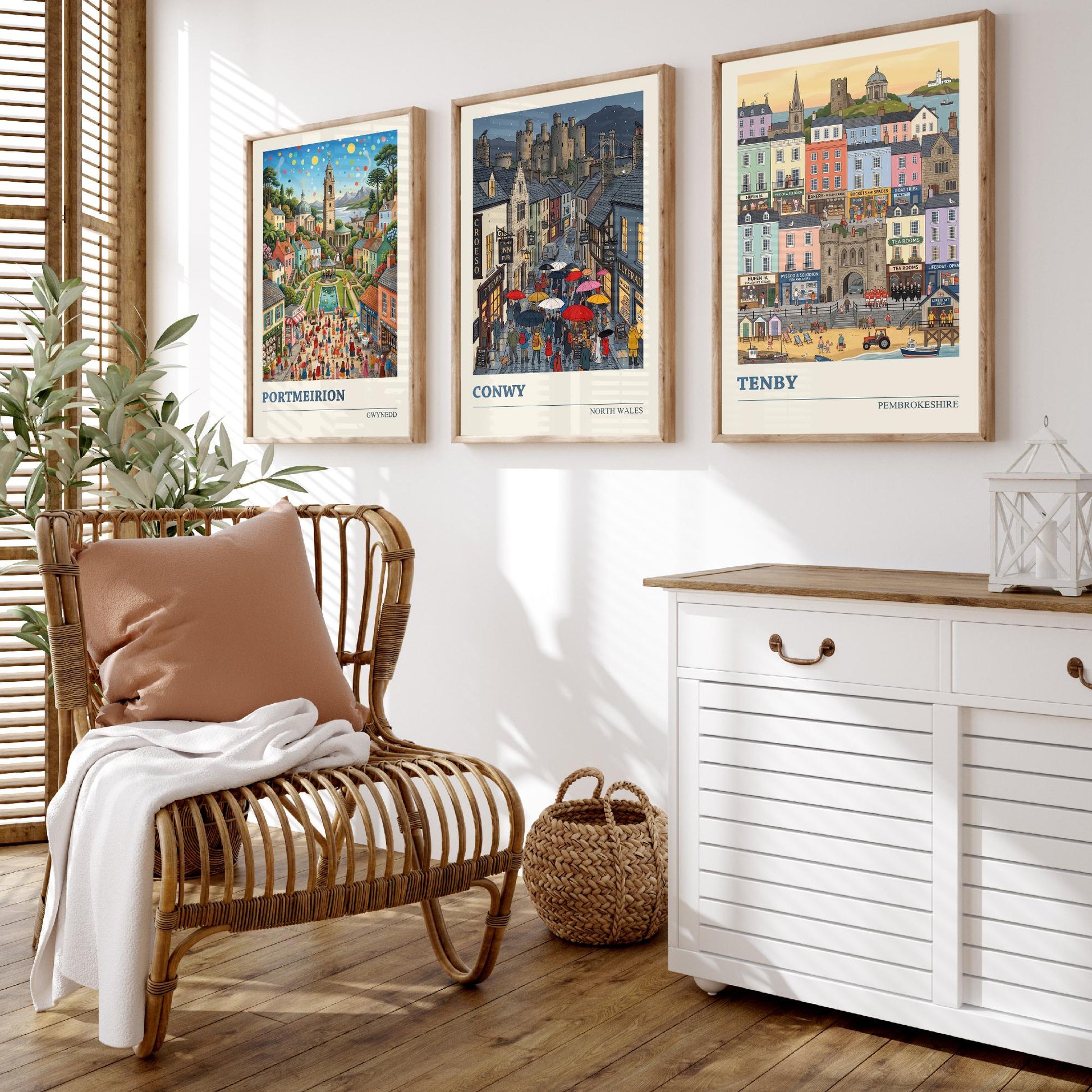 Welsh Coast Set of Three Art Prints - Portmeirion, Conwy, Tenby - 3 Colourful Folk Illustration Travel Posters - Wales Painting