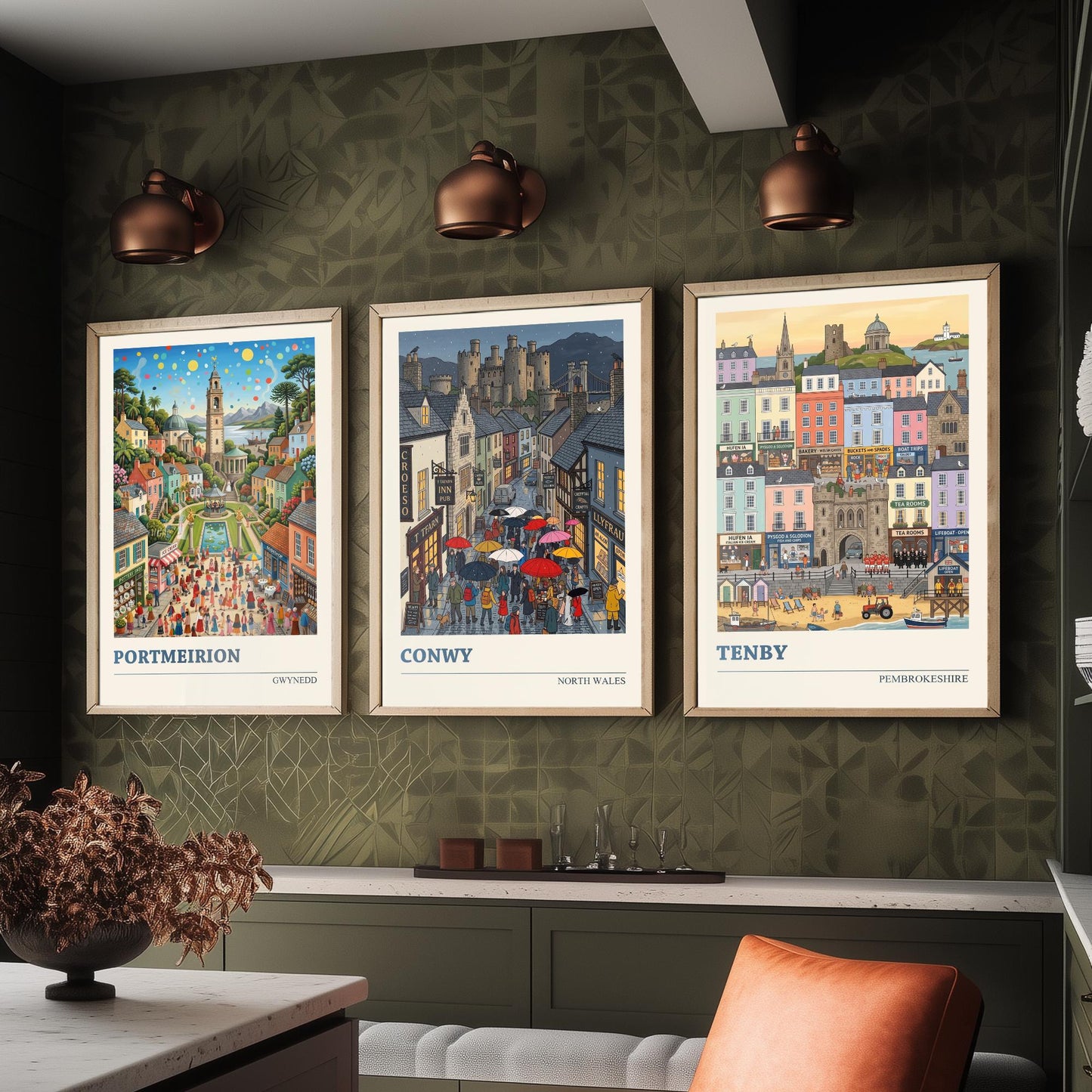 Welsh Coast Set of Three Art Prints - Portmeirion, Conwy, Tenby - 3 Colourful Folk Illustration Travel Posters - Wales Painting