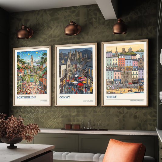 Welsh Coast Set of Three Art Prints - Portmeirion, Conwy, Tenby - 3 Colourful Folk Illustration Travel Posters - Wales Painting