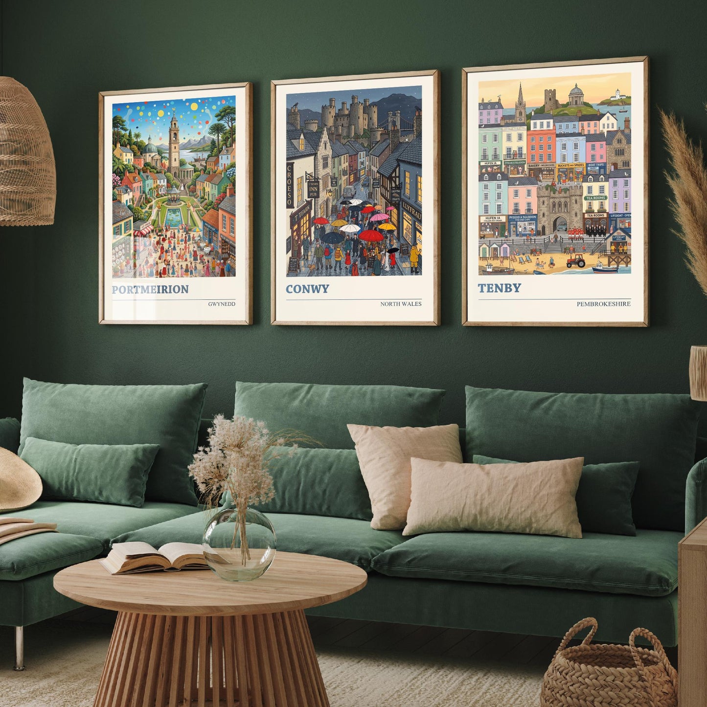 Welsh Coast Set of Three Art Prints - Portmeirion, Conwy, Tenby - 3 Colourful Folk Illustration Travel Posters - Wales Painting