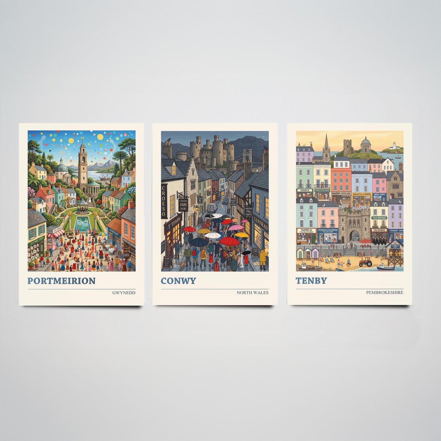 Welsh Coast Set of Three Art Prints - Portmeirion, Conwy, Tenby - 3 Colourful Folk Illustration Travel Posters - Wales Painting