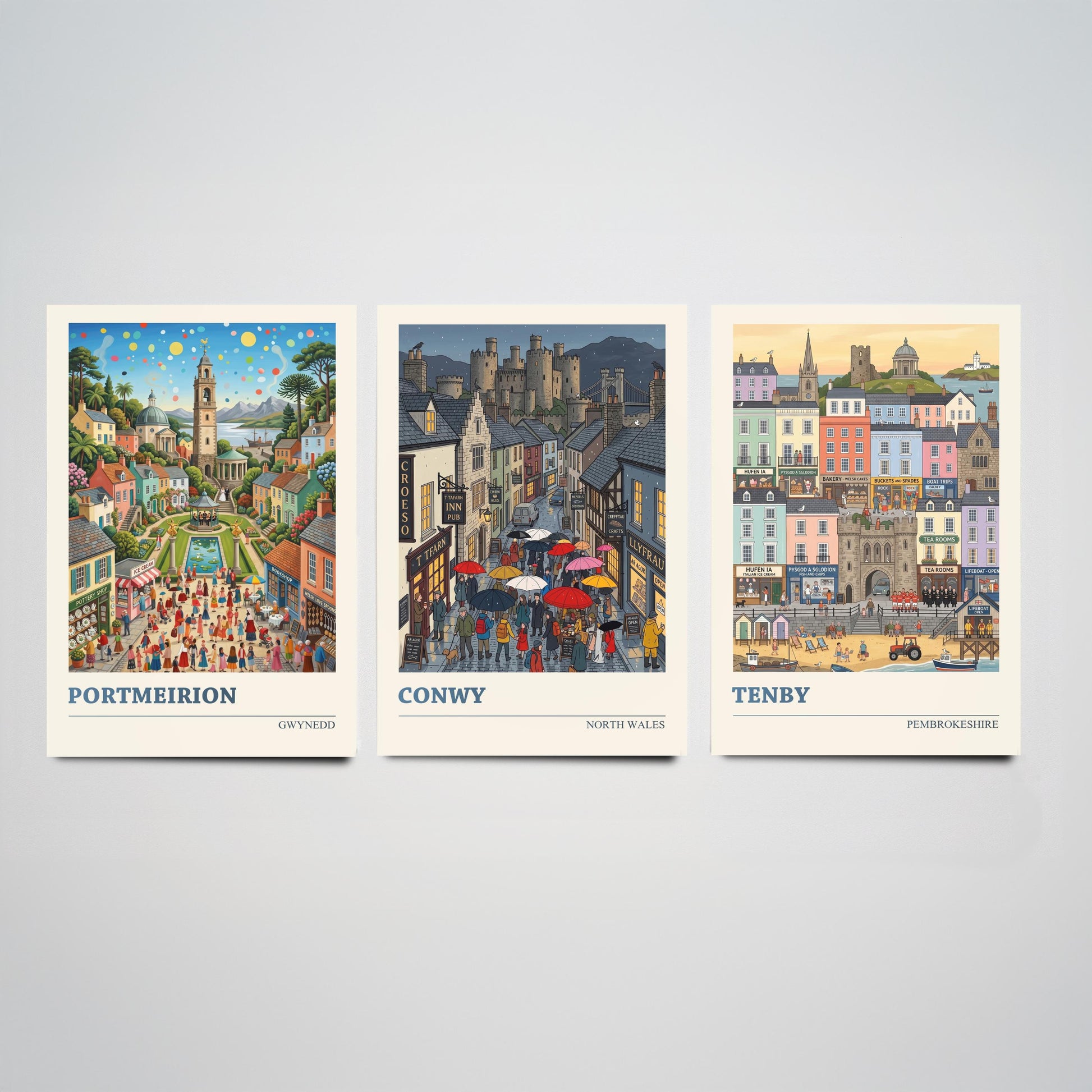 Welsh Coast Set of Three Art Prints - Portmeirion, Conwy, Tenby - 3 Colourful Folk Illustration Travel Posters - Wales Painting