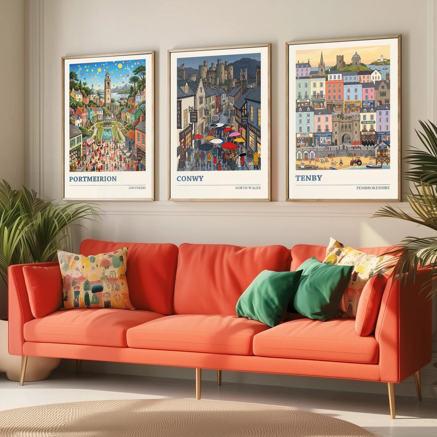 Welsh Coast Set of Three Art Prints - Portmeirion, Conwy, Tenby - 3 Colourful Folk Illustration Travel Posters - Wales Painting