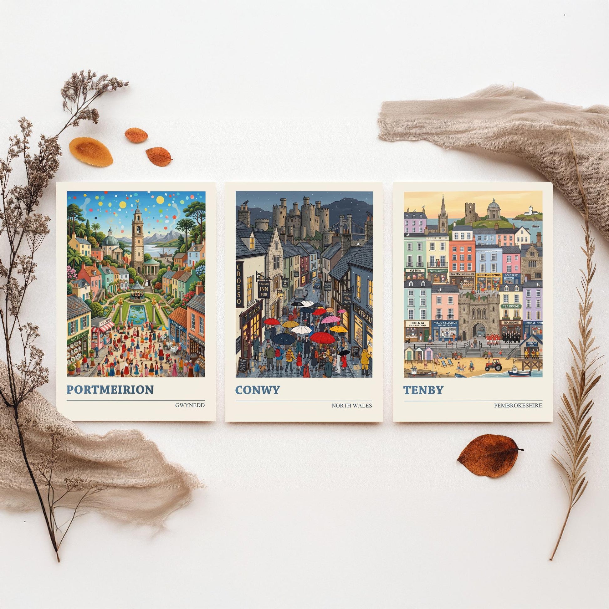 Welsh Coast Set of Three Art Prints - Portmeirion, Conwy, Tenby - 3 Colourful Folk Illustration Travel Posters - Wales Painting