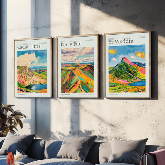 Mountains of Wales Set of Three Art Prints - Cadair Idris, Pen y Fan, Yr Wyddfa - Impasto Palette Knife Poster Illustration