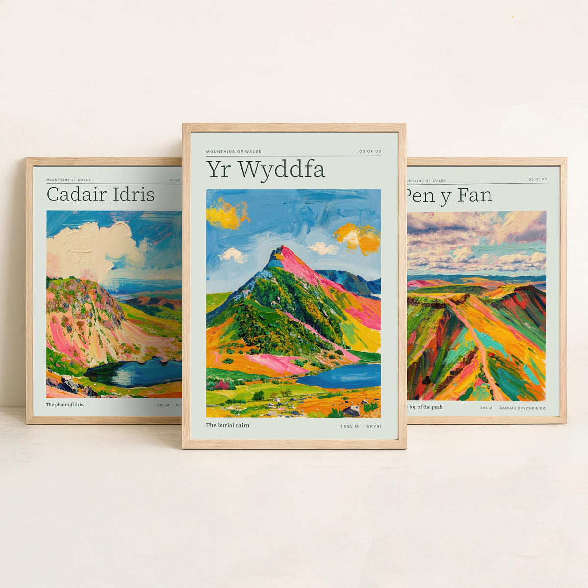 Mountains of Wales Set of Three Art Prints - Cadair Idris, Pen y Fan, Yr Wyddfa - Impasto Palette Knife Poster Illustration