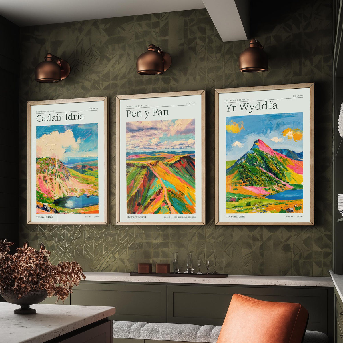 Mountains of Wales Set of Three Art Prints - Cadair Idris, Pen y Fan, Yr Wyddfa - Impasto Palette Knife Poster Illustration