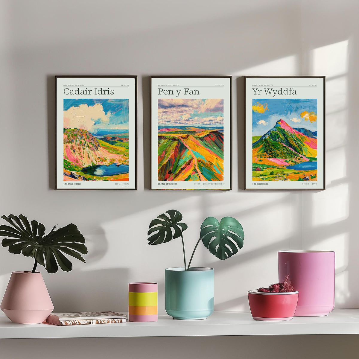 Mountains of Wales Set of Three Art Prints - Cadair Idris, Pen y Fan, Yr Wyddfa - Impasto Palette Knife Poster Illustration