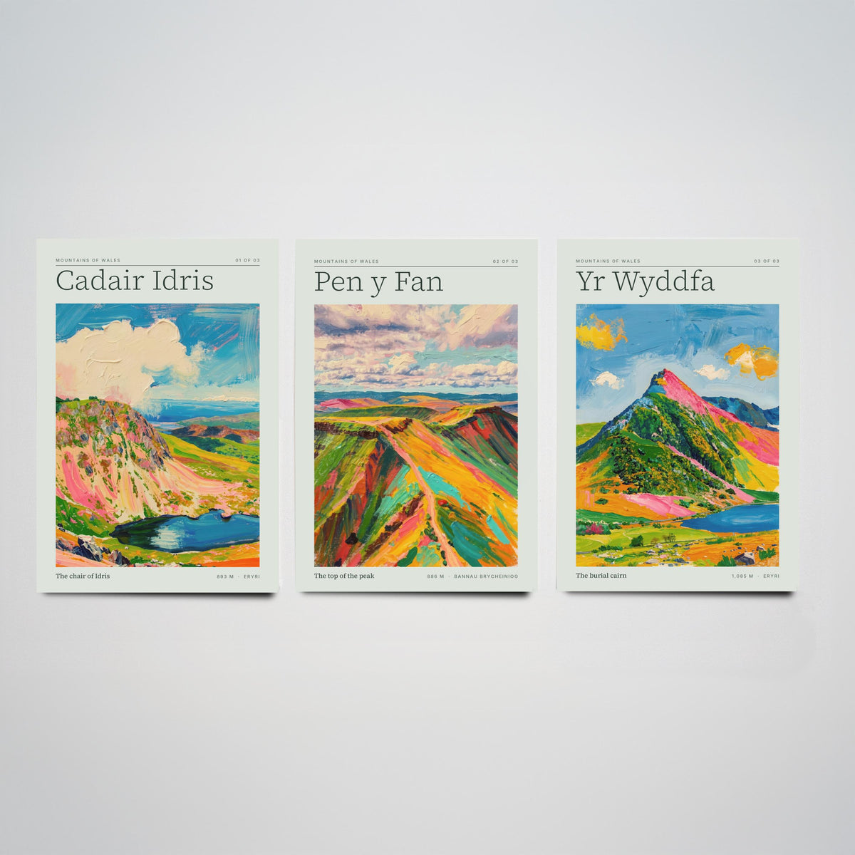 Mountains of Wales Set of Three Art Prints - Cadair Idris, Pen y Fan, Yr Wyddfa - Impasto Palette Knife Poster Illustration