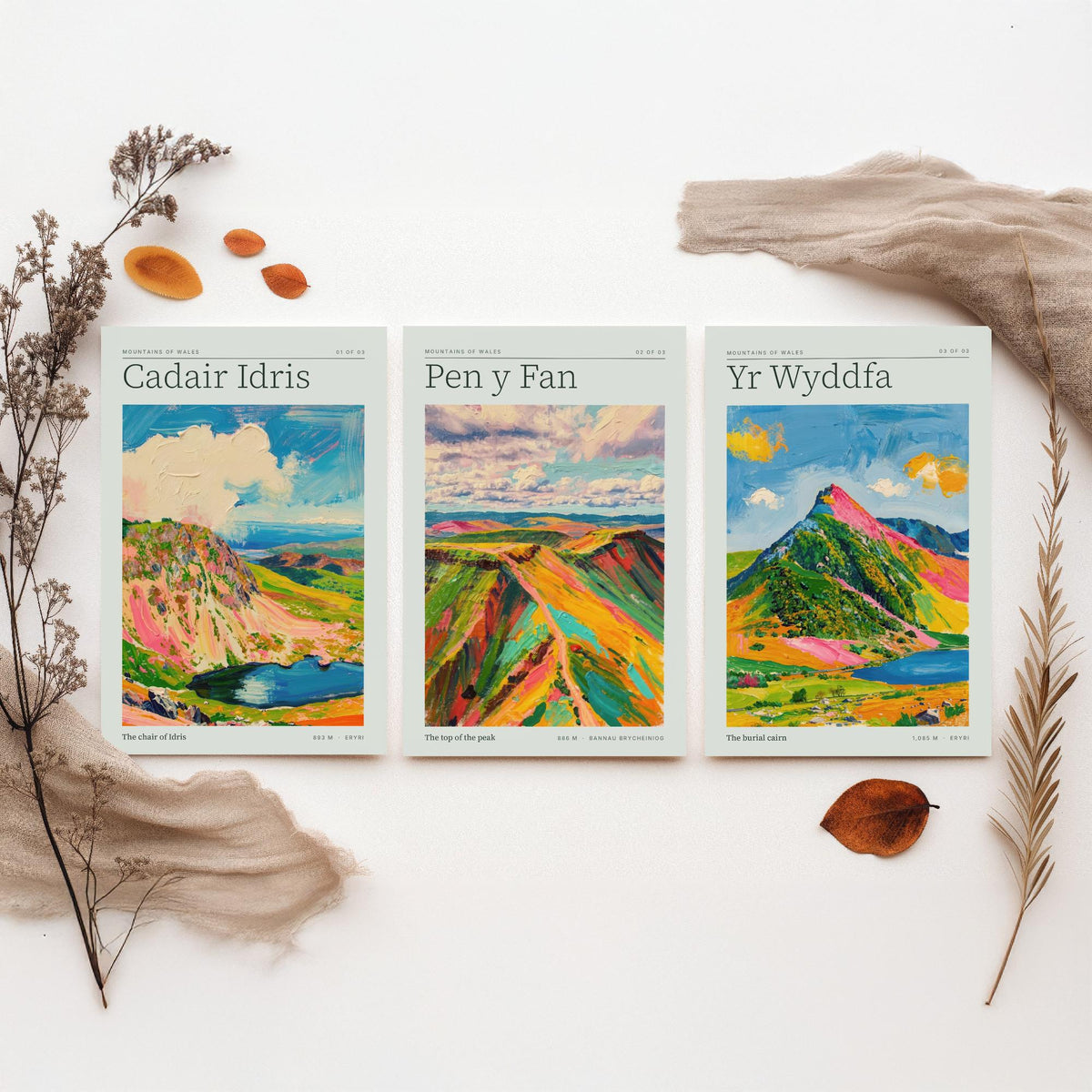 Mountains of Wales Set of Three Art Prints - Cadair Idris, Pen y Fan, Yr Wyddfa - Impasto Palette Knife Poster Illustration