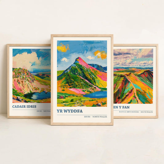 Cadair Idris, Pen y Fan and Yr Wyddfa Set of Three Art Prints - Welsh Peaks Poster - Bright Palette Knife Landscape Illustration