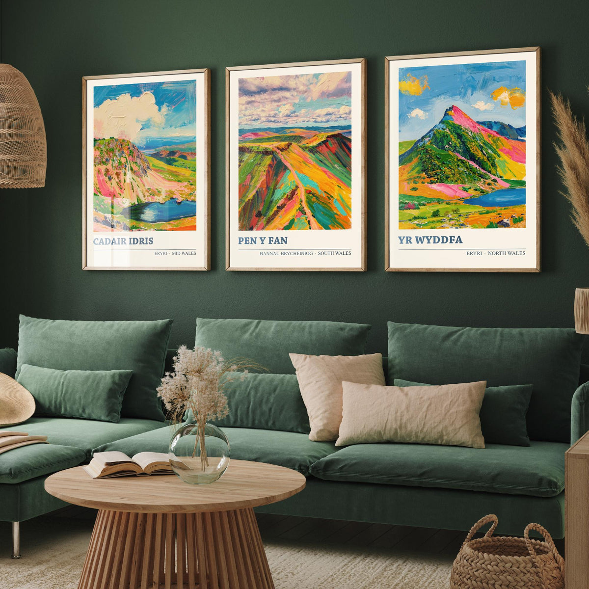 Cadair Idris, Pen y Fan and Yr Wyddfa Set of Three Art Prints - Welsh Peaks Poster - Bright Palette Knife Landscape Illustration