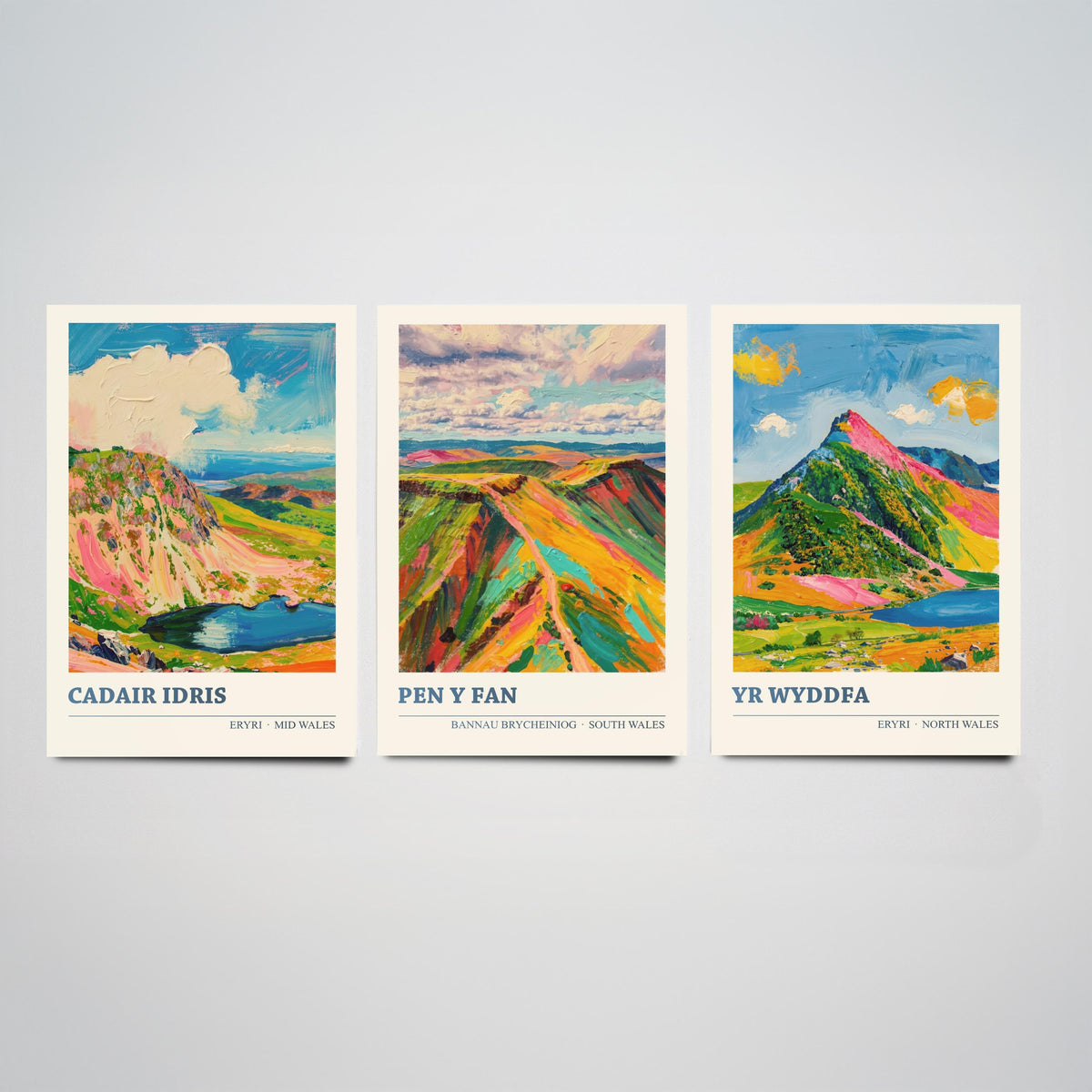 Cadair Idris, Pen y Fan and Yr Wyddfa Set of Three Art Prints - Welsh Peaks Poster - Bright Palette Knife Landscape Illustration