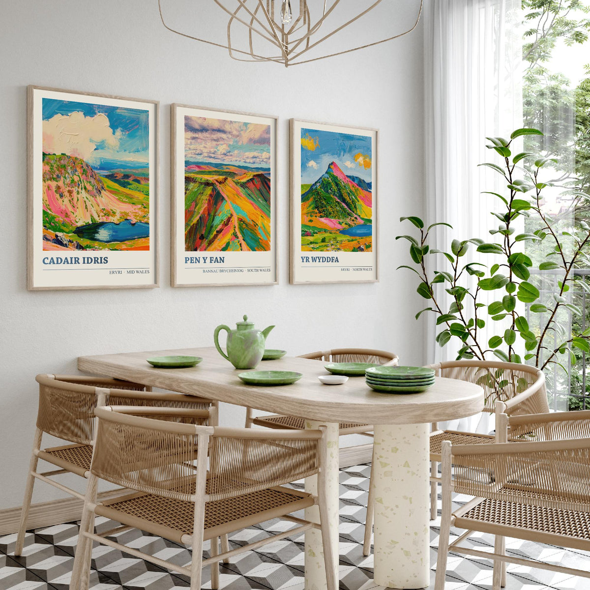Cadair Idris, Pen y Fan and Yr Wyddfa Set of Three Art Prints - Welsh Peaks Poster - Bright Palette Knife Landscape Illustration