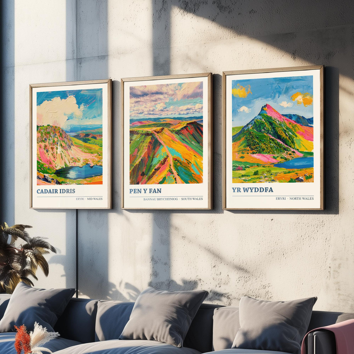 Cadair Idris, Pen y Fan and Yr Wyddfa Set of Three Art Prints - Welsh Peaks Poster - Bright Palette Knife Landscape Illustration