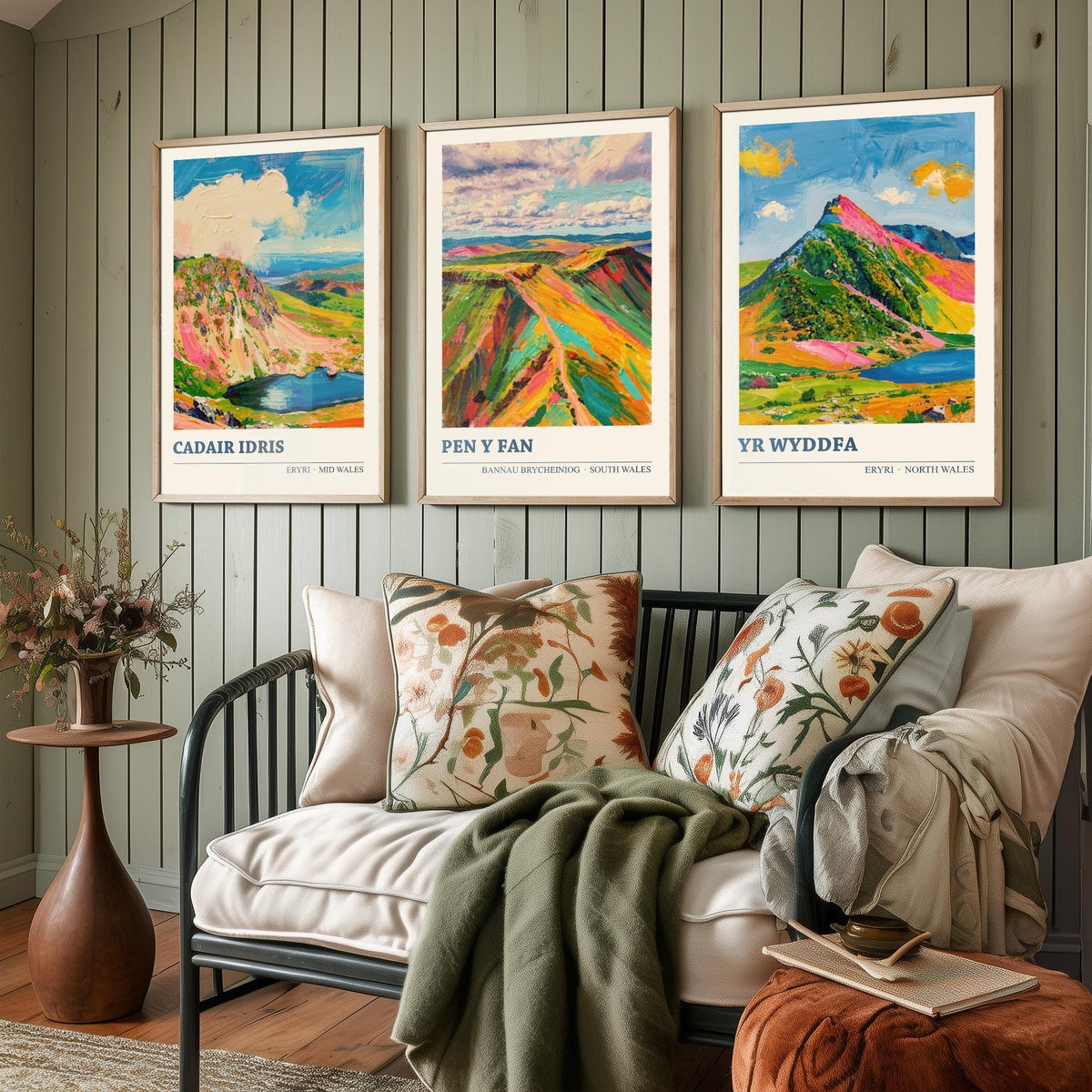 Cadair Idris, Pen y Fan and Yr Wyddfa Set of Three Art Prints - Welsh Peaks Poster - Bright Palette Knife Landscape Illustration