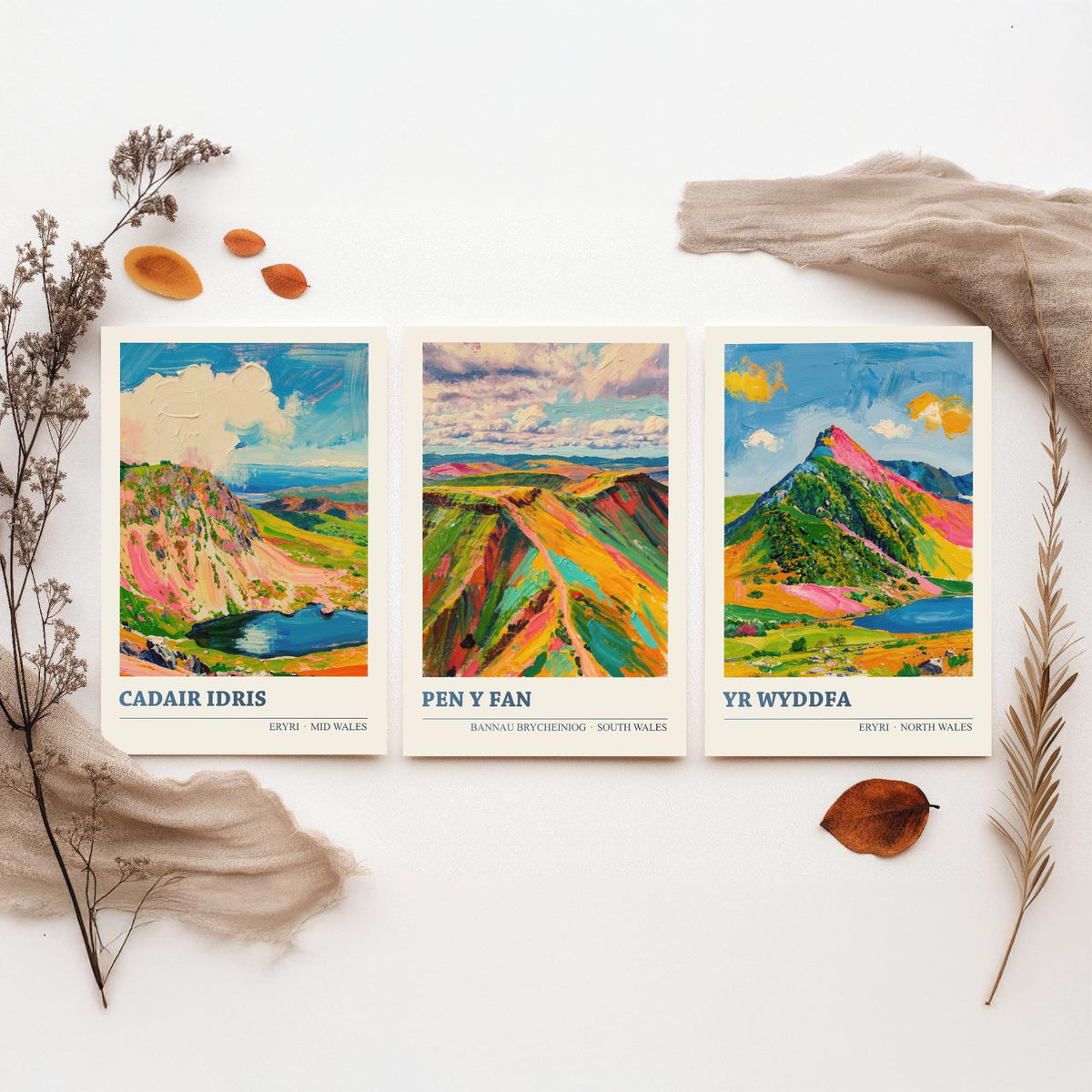 Cadair Idris, Pen y Fan and Yr Wyddfa Set of Three Art Prints - Welsh Peaks Poster - Bright Palette Knife Landscape Illustration
