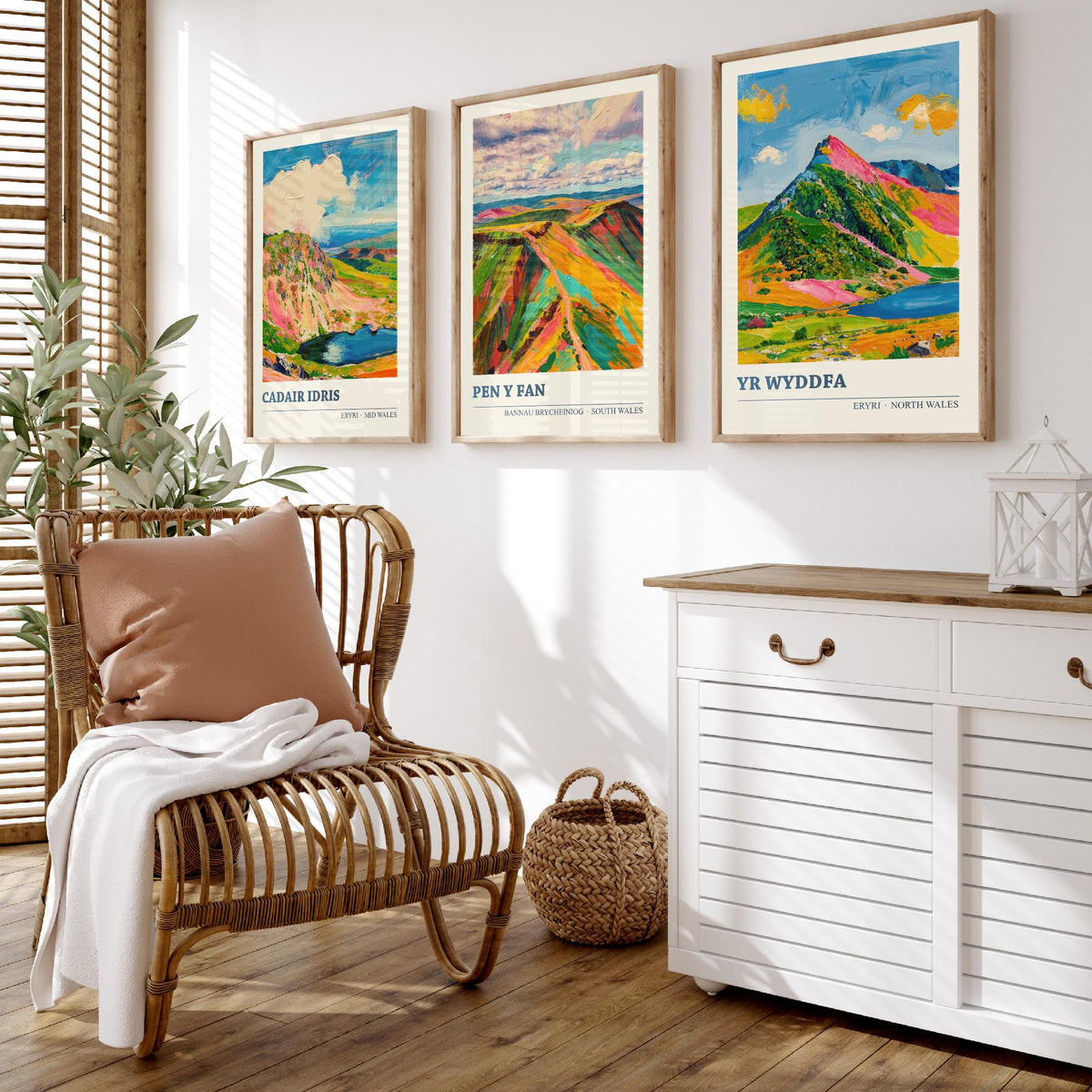 Cadair Idris, Pen y Fan and Yr Wyddfa Set of Three Art Prints - Welsh Peaks Poster - Bright Palette Knife Landscape Illustration