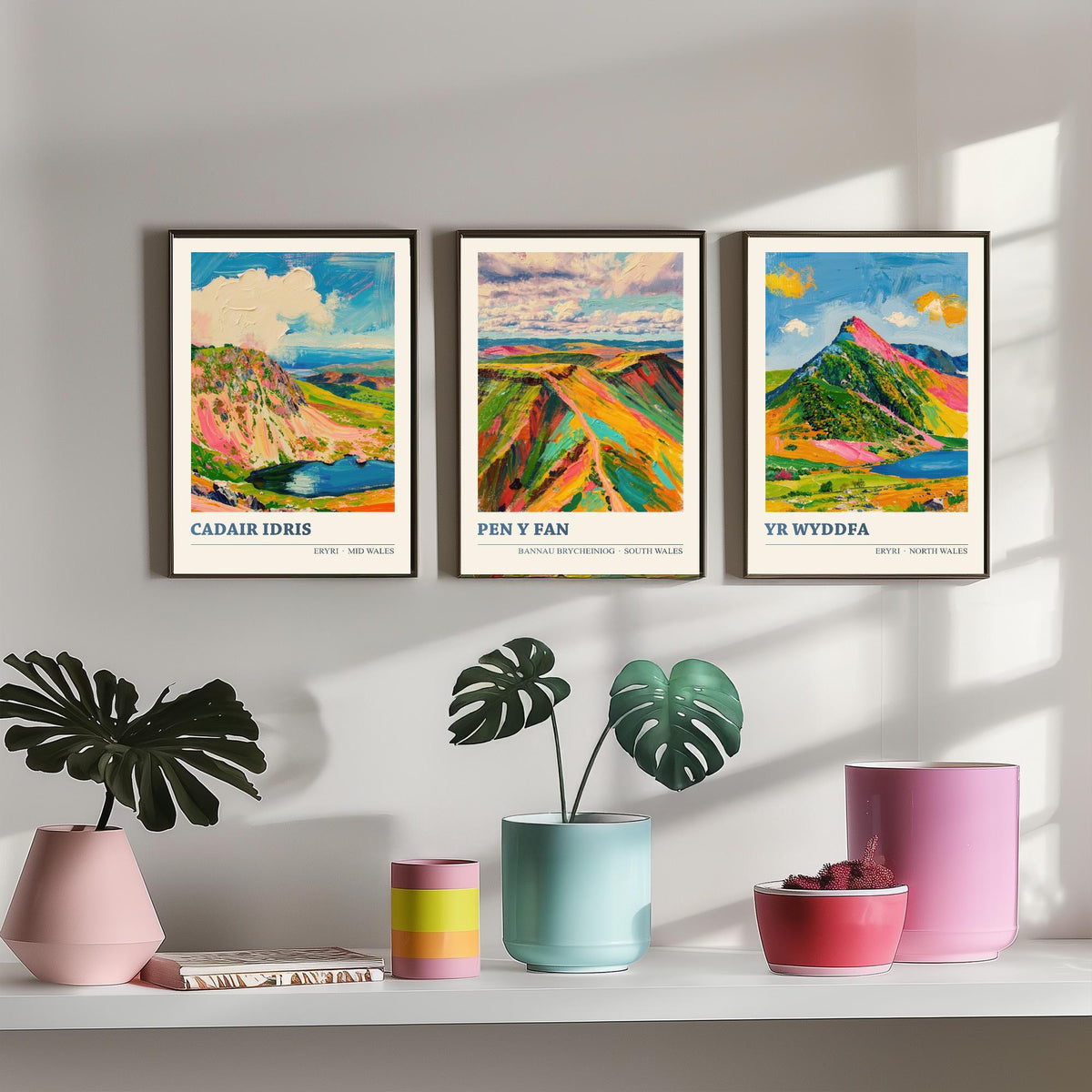 Cadair Idris, Pen y Fan and Yr Wyddfa Set of Three Art Prints - Welsh Peaks Poster - Bright Palette Knife Landscape Illustration
