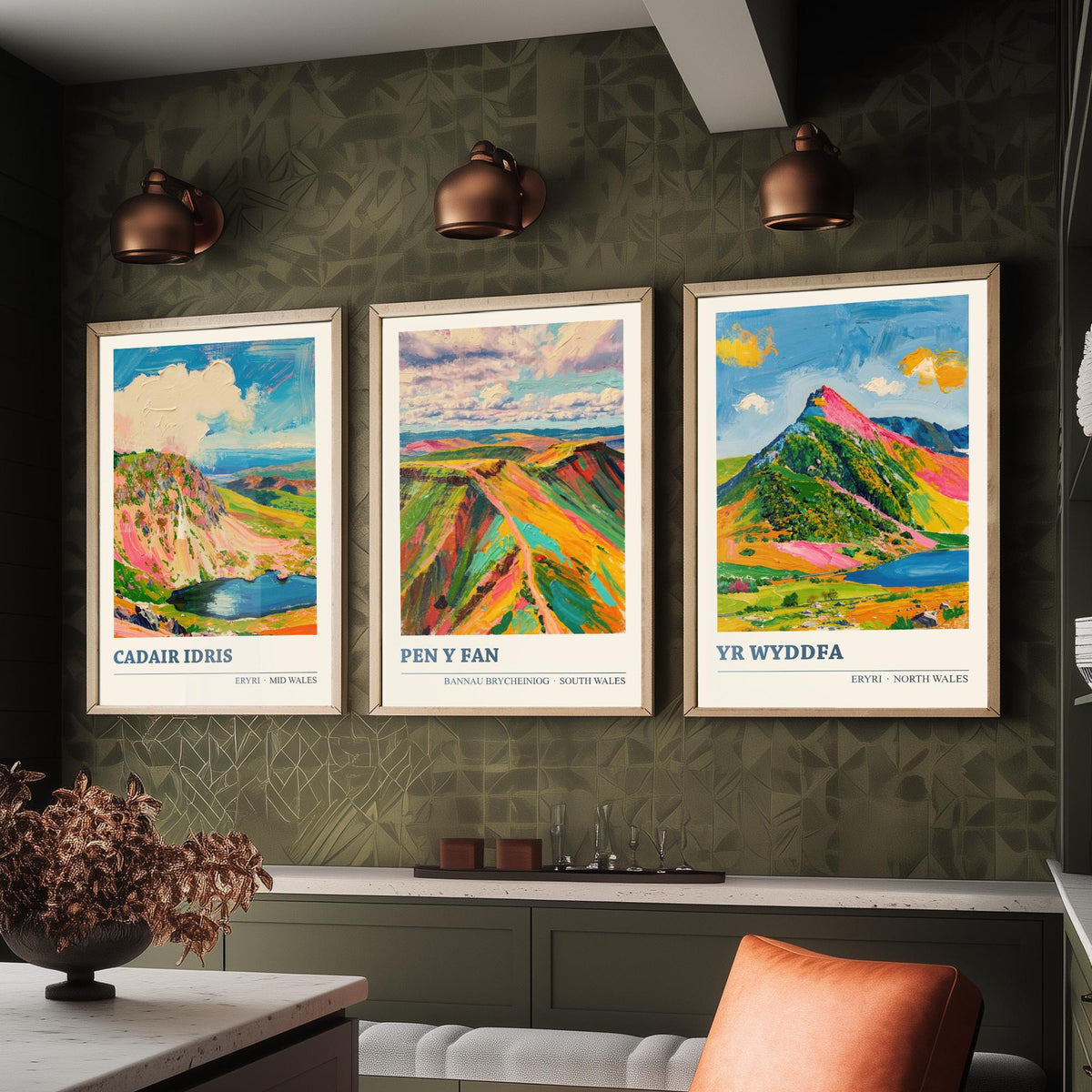 Cadair Idris, Pen y Fan and Yr Wyddfa Set of Three Art Prints - Welsh Peaks Poster - Bright Palette Knife Landscape Illustration