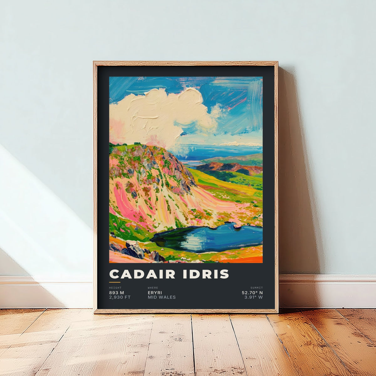 Cadair Idris 893m Art Print - Welsh Mountain Height and Coordinates Poster - Charcoal Impasto Illustration 1/3