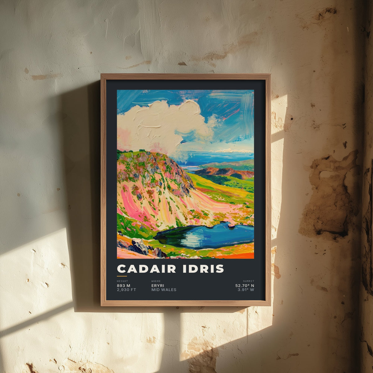 Cadair Idris 893m Art Print - Welsh Mountain Height and Coordinates Poster - Charcoal Impasto Illustration 1/3