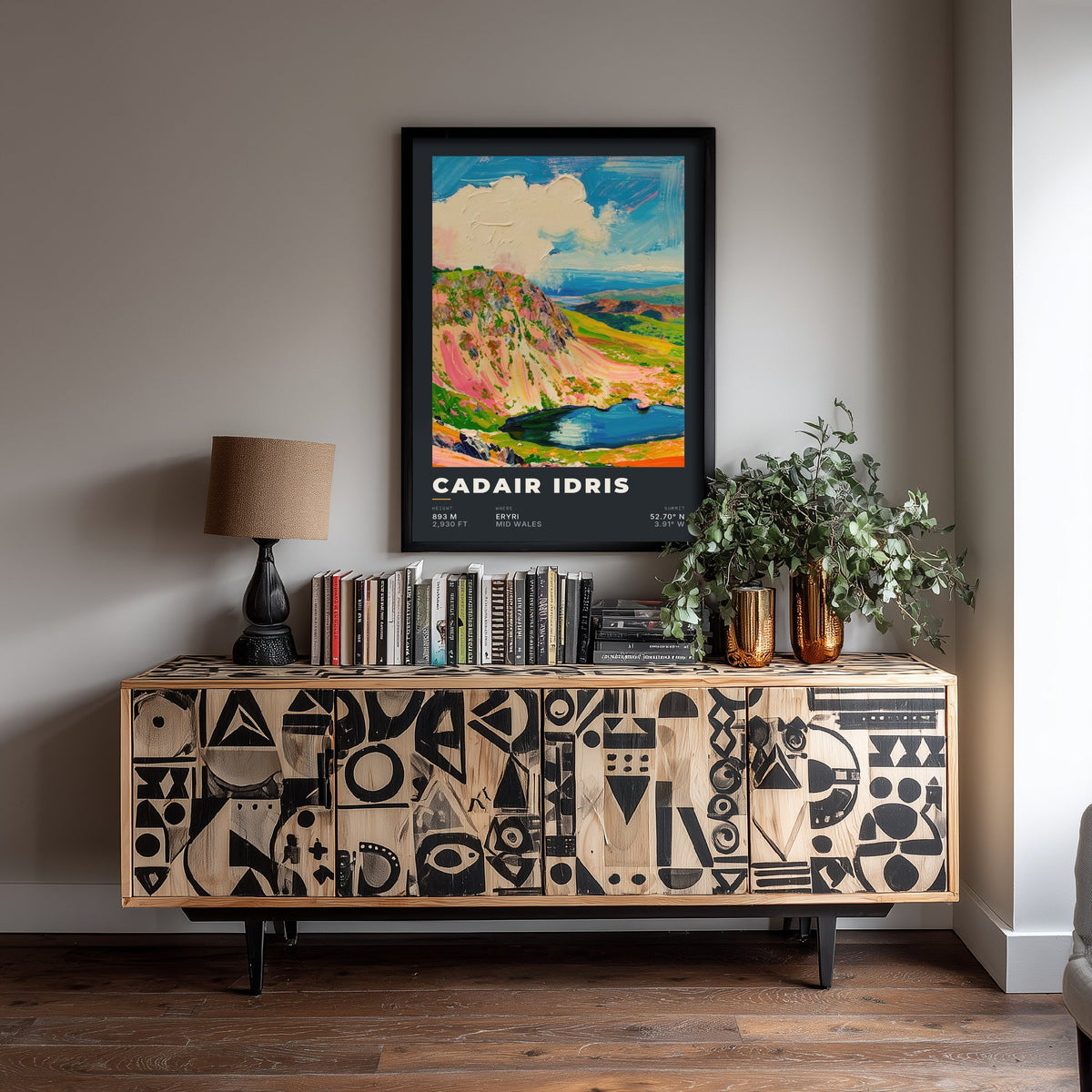 Cadair Idris 893m Art Print - Welsh Mountain Height and Coordinates Poster - Charcoal Impasto Illustration 1/3