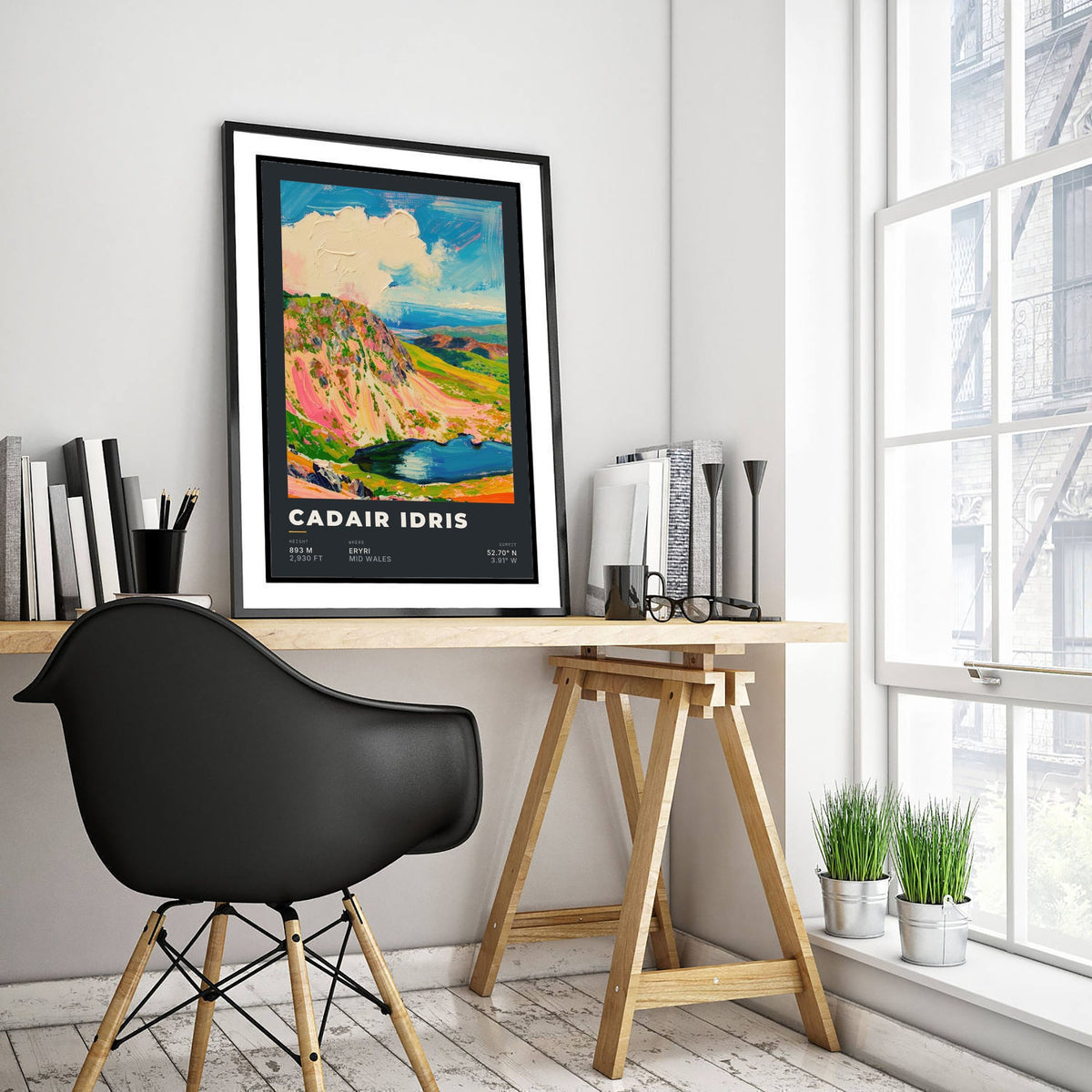 Cadair Idris 893m Art Print - Welsh Mountain Height and Coordinates Poster - Charcoal Impasto Illustration 1/3