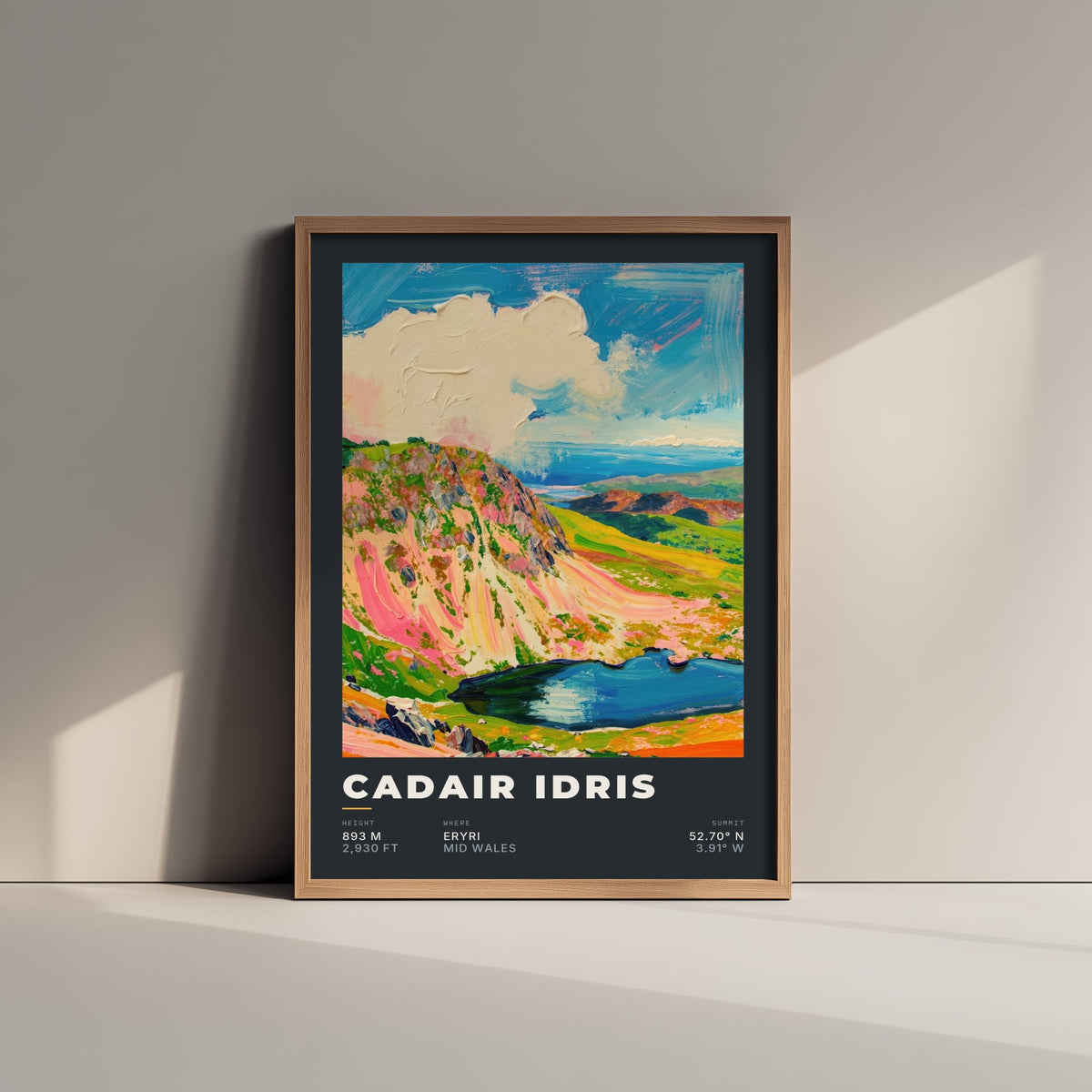 Cadair Idris 893m Art Print - Welsh Mountain Height and Coordinates Poster - Charcoal Impasto Illustration 1/3