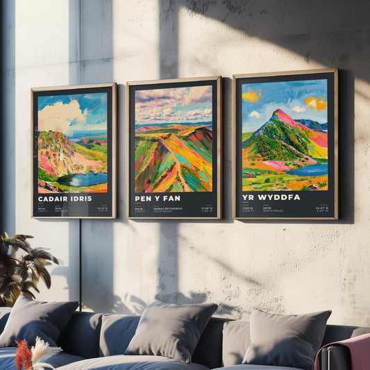 Welsh Peaks Summit Data Set of Three Art Prints - Cadair Idris, Pen y Fan, Yr Wyddfa - Dark Charcoal Impasto Poster Illustration