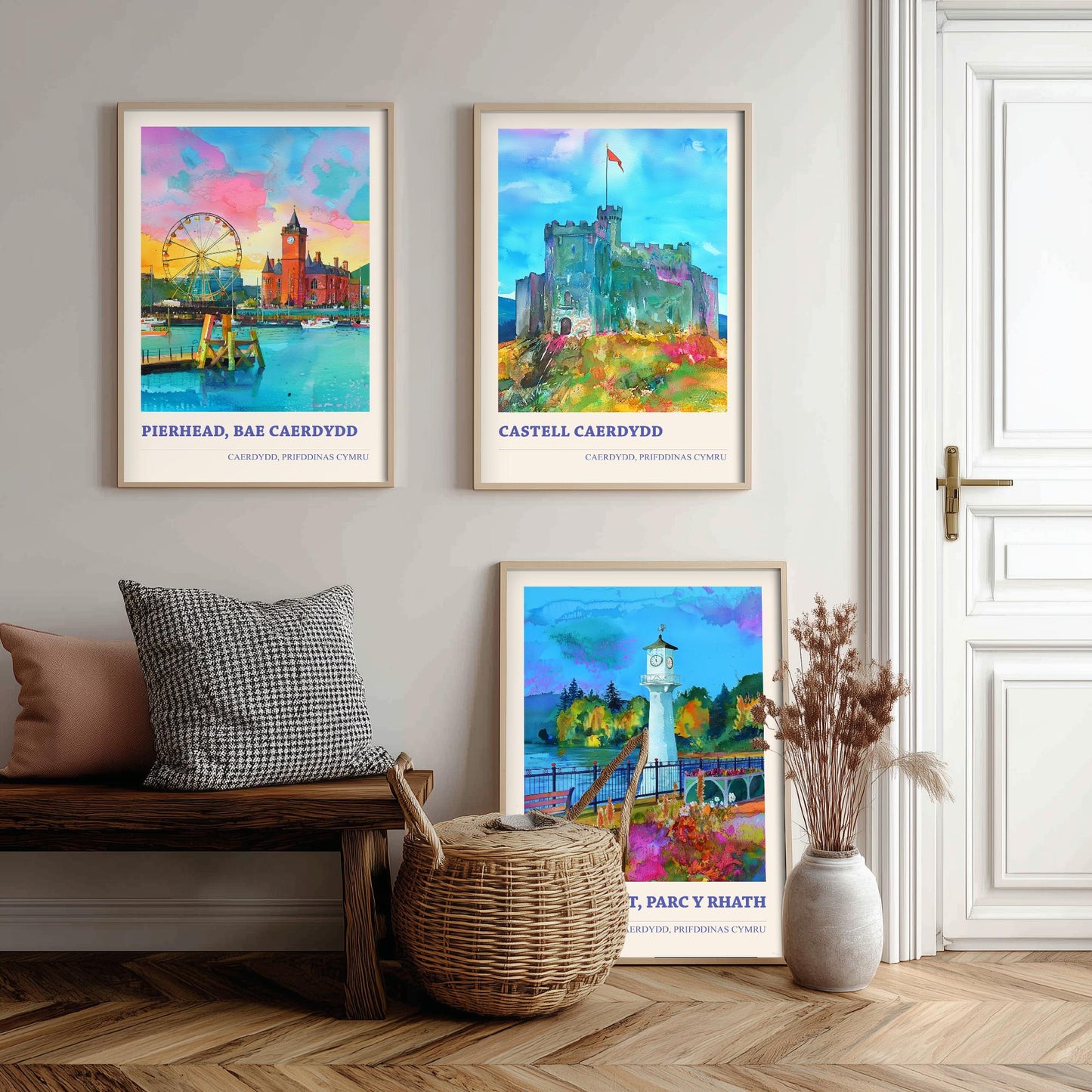 Cardiff Wales Landmarks Set of Three Art Prints | Pierhead Cardiff Castle Scott Memorial | Welsh Painting Poster