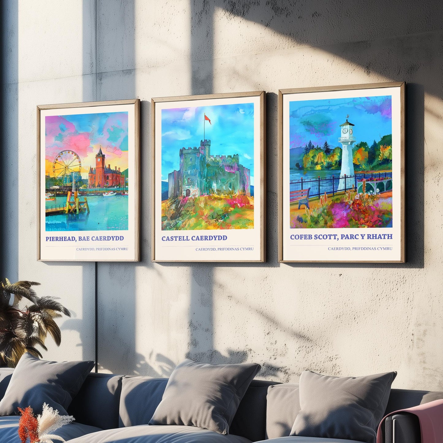 Cardiff Wales Landmarks Set of Three Art Prints | Pierhead Cardiff Castle Scott Memorial | Welsh Painting Poster