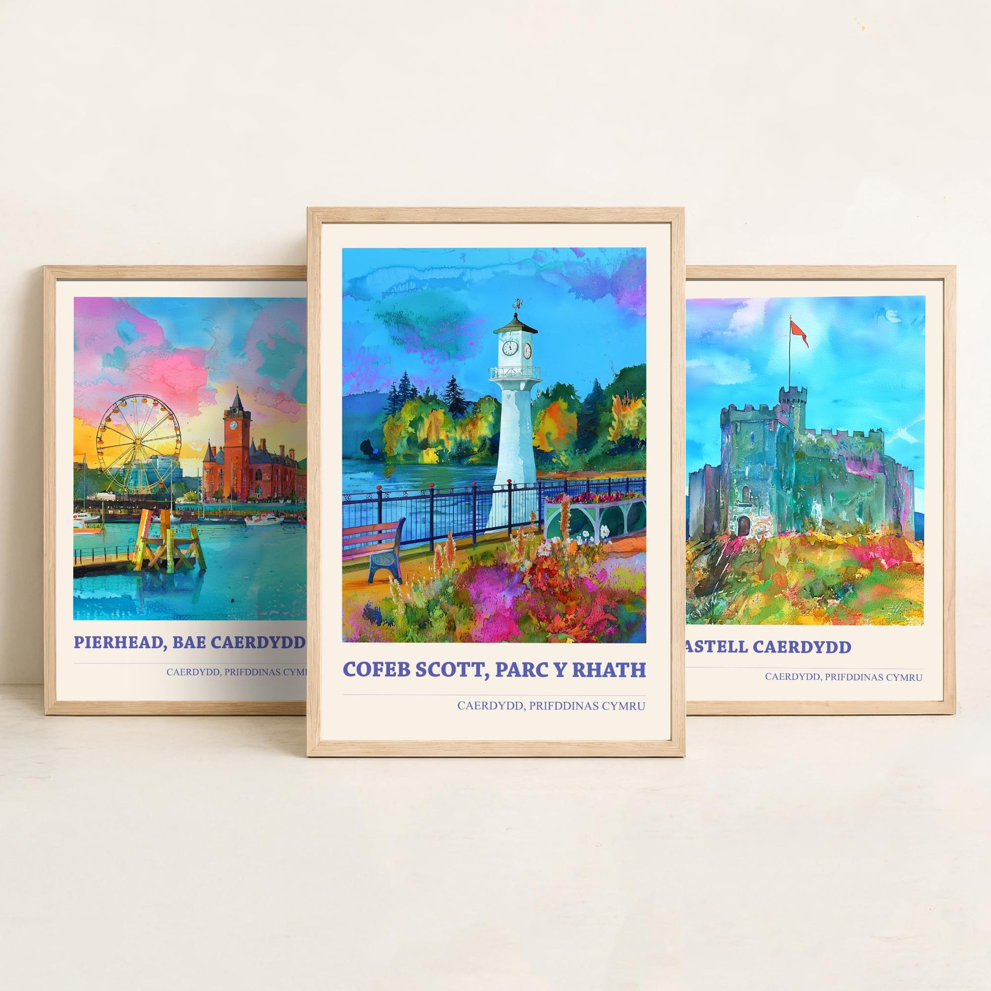 Cardiff Wales Landmarks Set of Three Art Prints | Pierhead Cardiff Castle Scott Memorial | Welsh Painting Poster