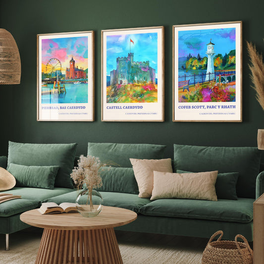 Cardiff Wales Landmarks Set of Three Art Prints | Pierhead Cardiff Castle Scott Memorial | Welsh Painting Poster