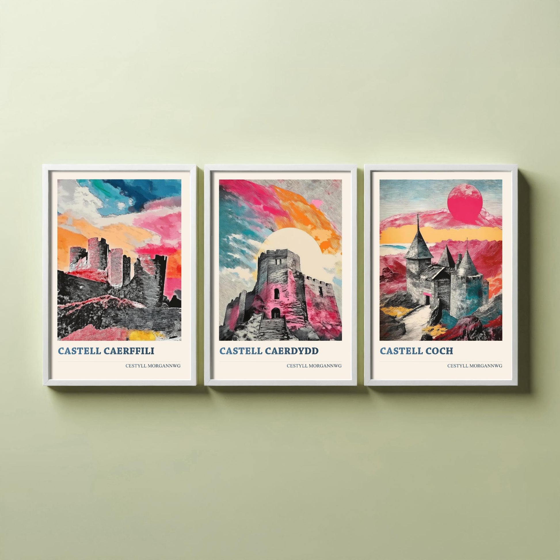 Welsh Castles Set of Three Art Prints | Caerphilly Cardiff Castell Coch | Cestyll Cymru Illustration Poster