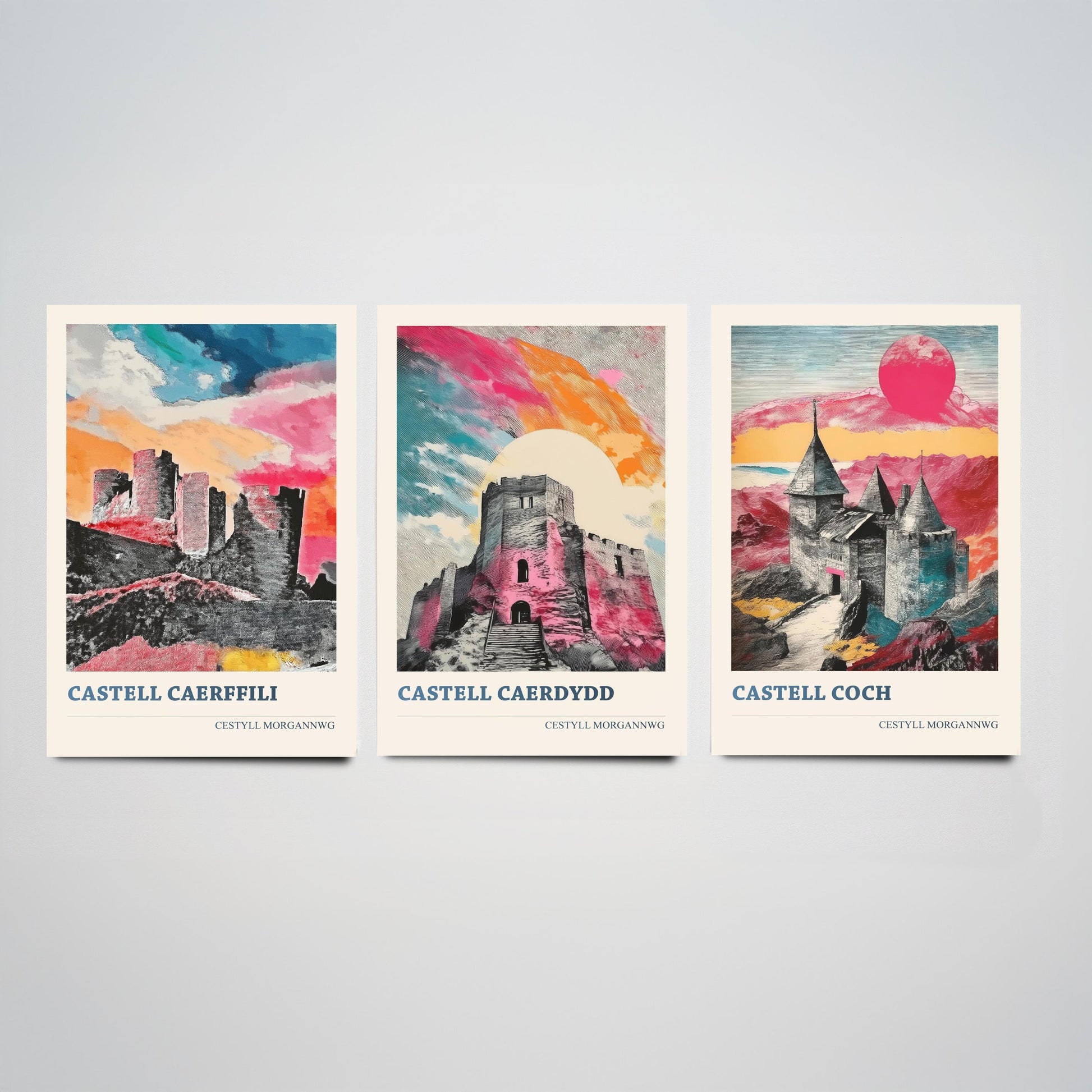 Welsh Castles Set of Three Art Prints | Caerphilly Cardiff Castell Coch | Cestyll Cymru Illustration Poster