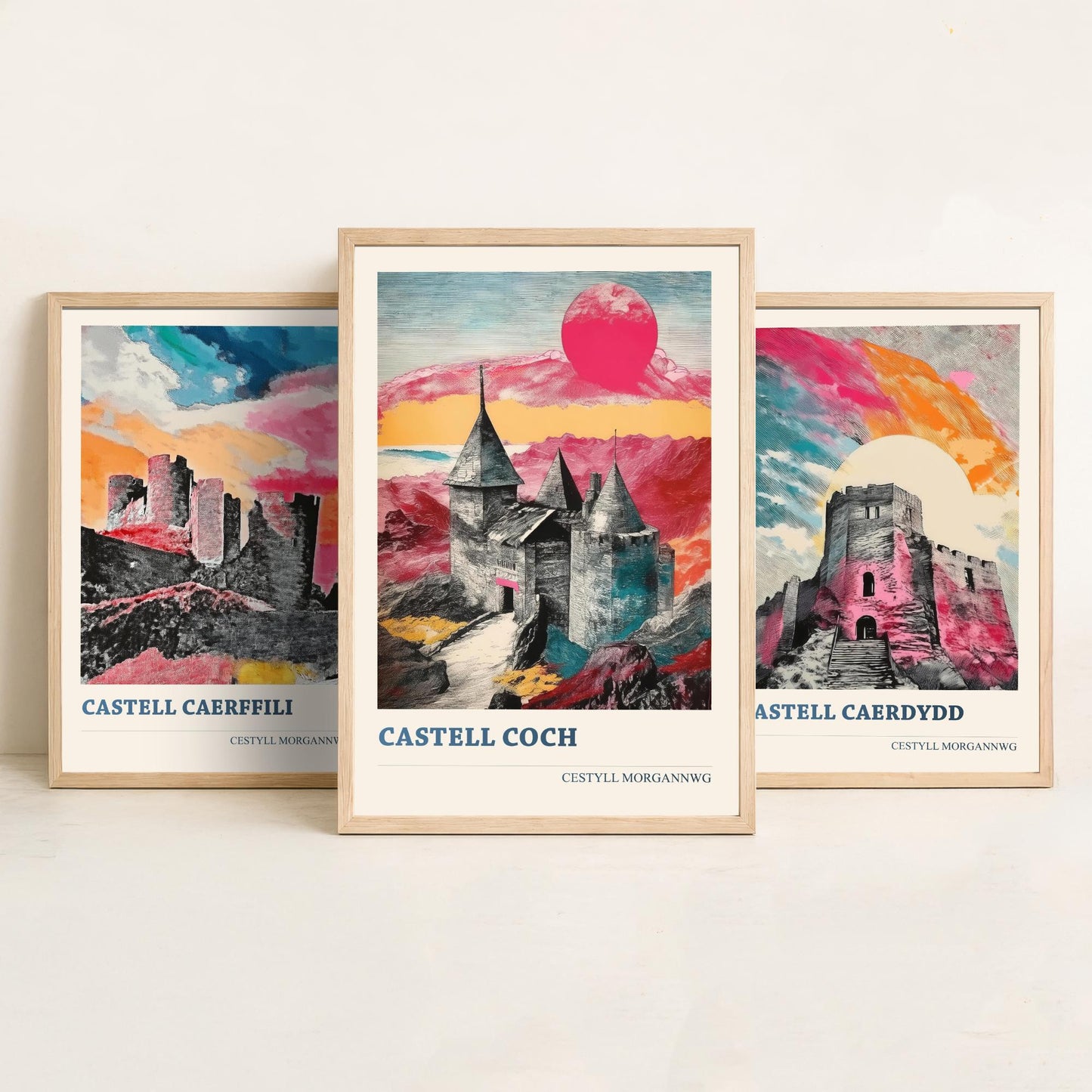 Welsh Castles Set of Three Art Prints | Caerphilly Cardiff Castell Coch | Cestyll Cymru Illustration Poster