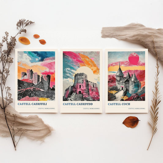 Welsh Castles Set of Three Art Prints | Caerphilly Cardiff Castell Coch | Cestyll Cymru Illustration Poster