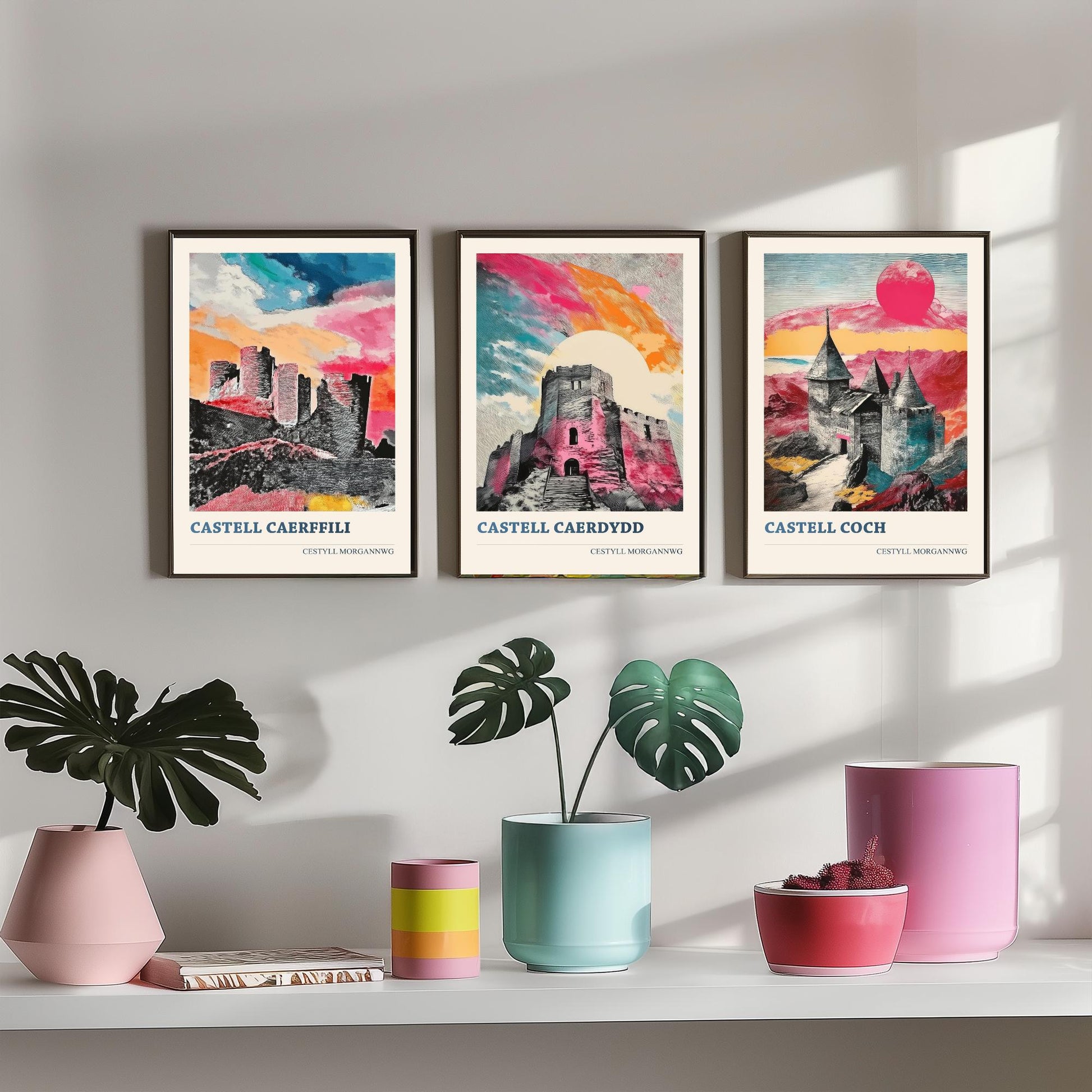 Welsh Castles Set of Three Art Prints | Caerphilly Cardiff Castell Coch | Cestyll Cymru Illustration Poster