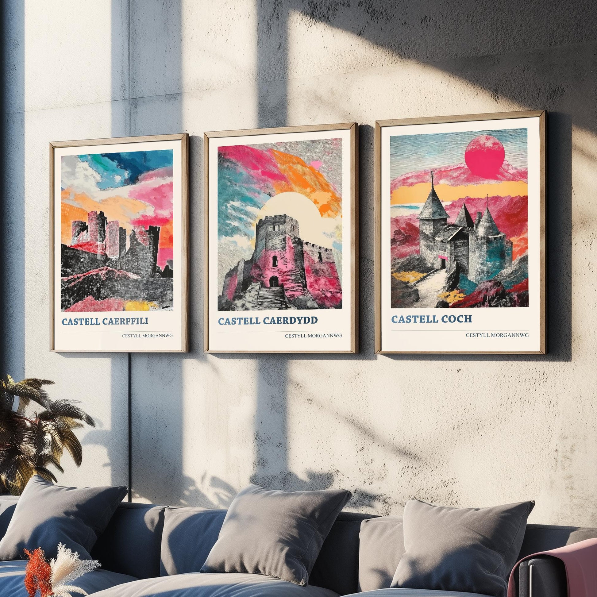 Welsh Castles Set of Three Art Prints | Caerphilly Cardiff Castell Coch | Cestyll Cymru Illustration Poster