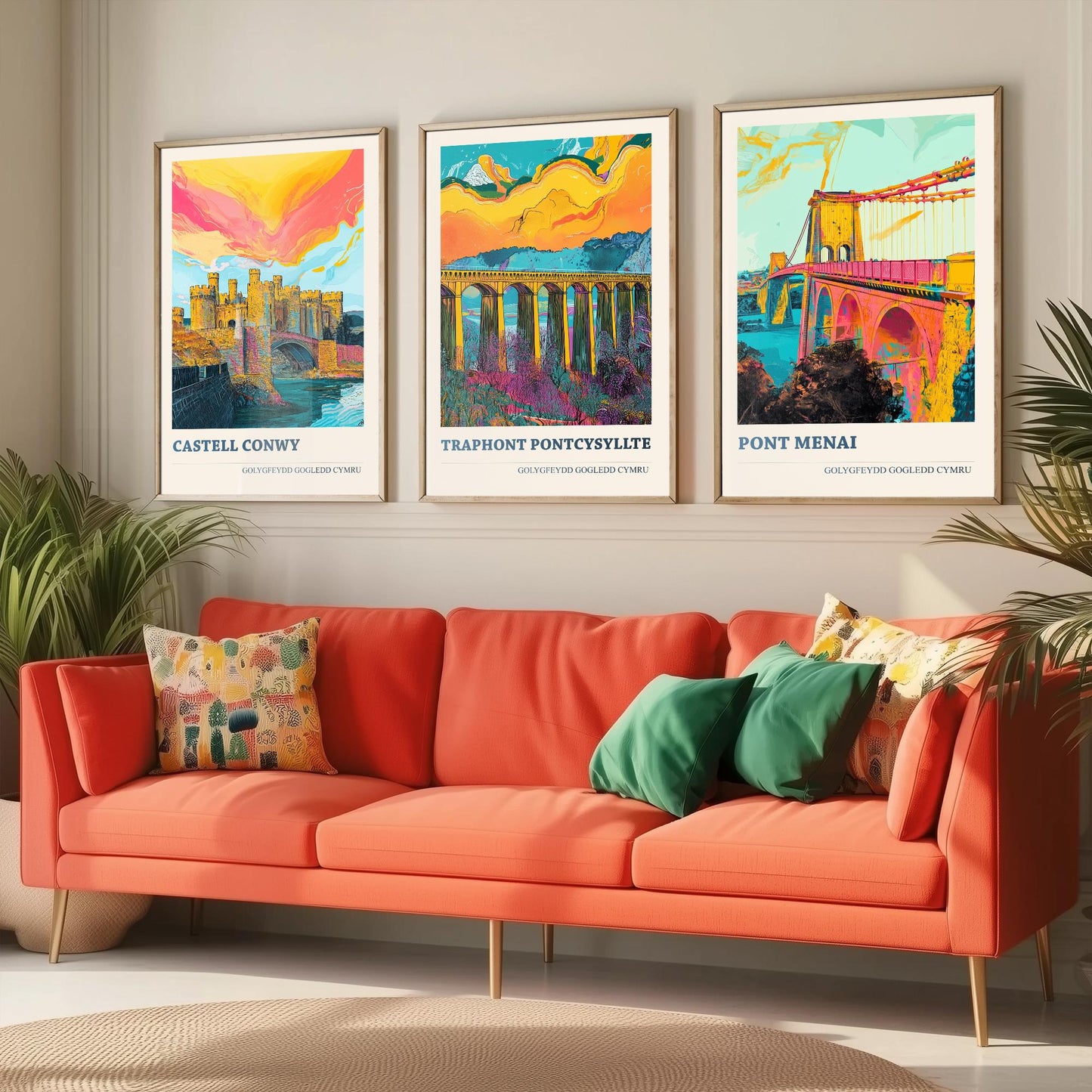 North Wales Landmarks Set of Three Art Prints | Conwy Castle Pontcysyllte Menai Bridge | Welsh Illustration Poster