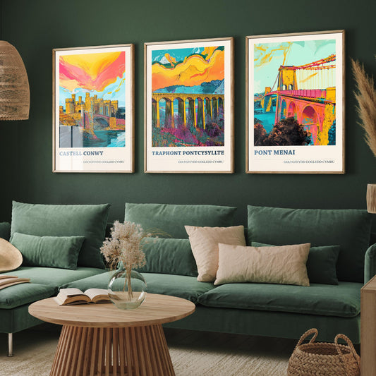 North Wales Landmarks Set of Three Art Prints | Conwy Castle Pontcysyllte Menai Bridge | Welsh Illustration Poster