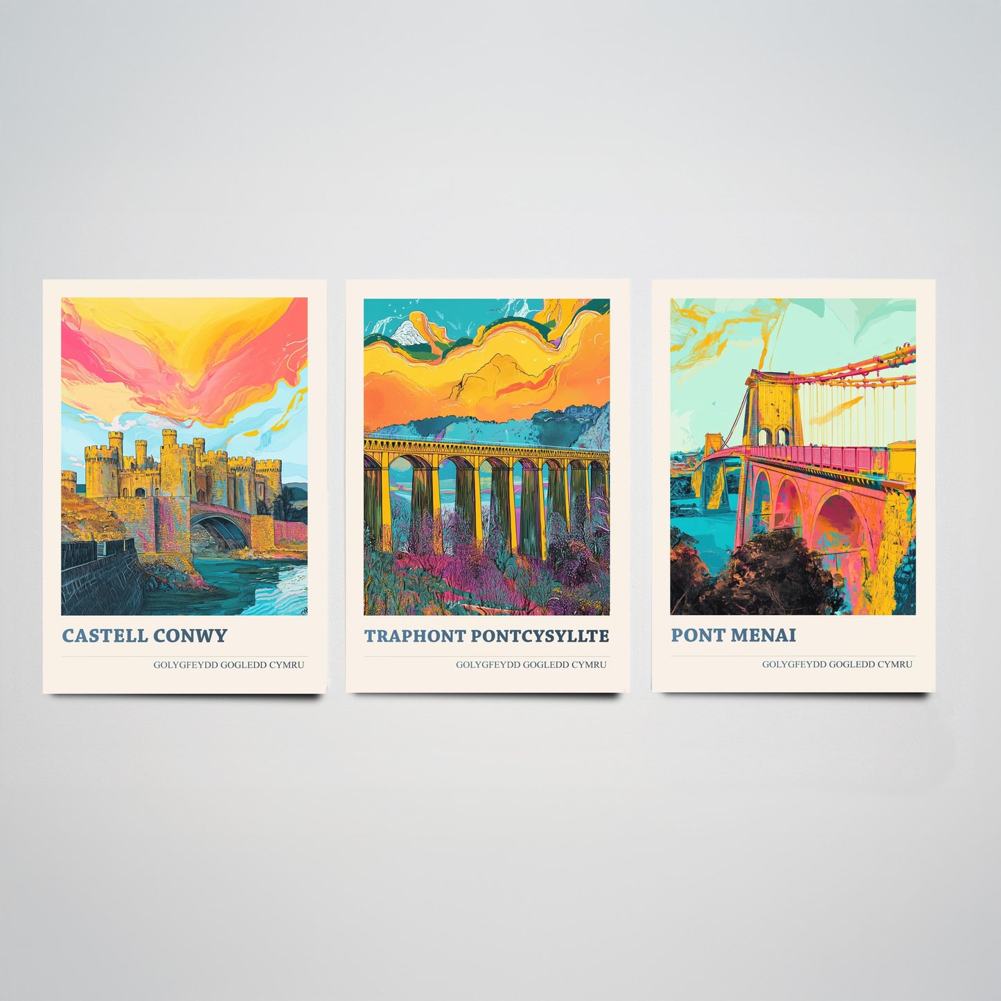 North Wales Landmarks Set of Three Art Prints | Conwy Castle Pontcysyllte Menai Bridge | Welsh Illustration Poster