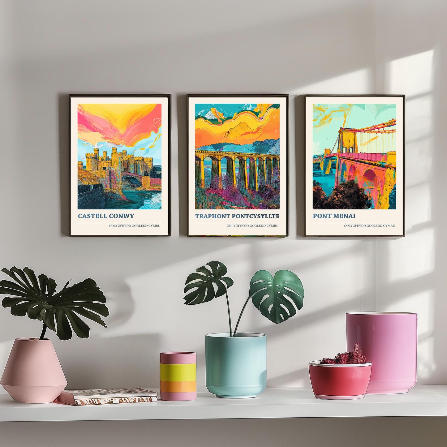North Wales Landmarks Set of Three Art Prints | Conwy Castle Pontcysyllte Menai Bridge | Welsh Illustration Poster