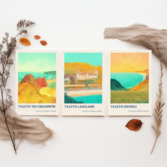Gower Wales Beaches Set of Three Art Prints | Three Cliffs Langland Rhossili Bay | Welsh Painting Poster