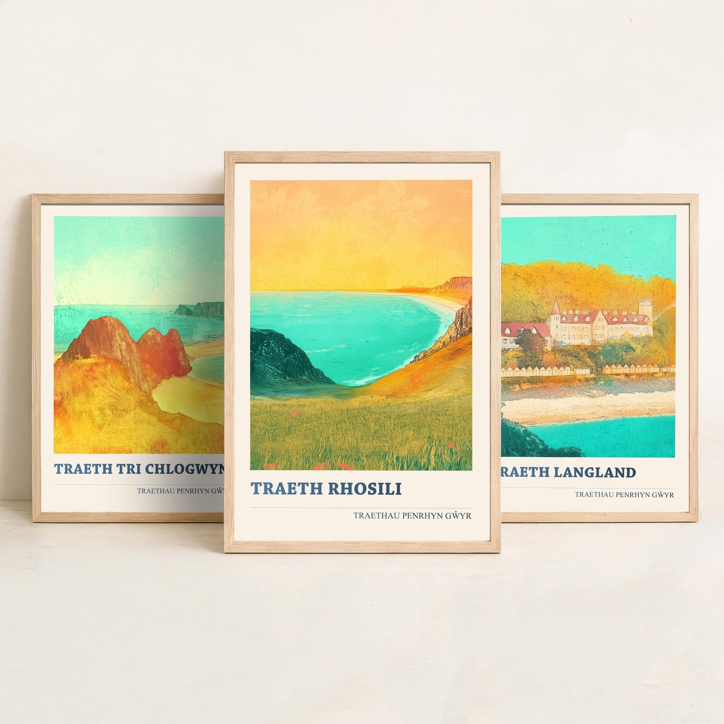 Gower Wales Beaches Set of Three Art Prints | Three Cliffs Langland Rhossili Bay | Welsh Painting Poster