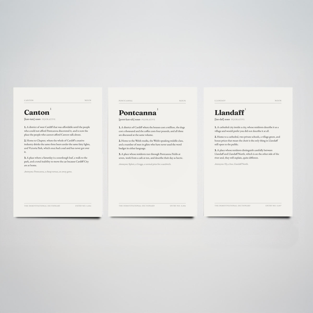 West Cardiff Demotivational Dictionary Set of Three Art Prints - Canton, Pontcanna, Llandaff - Neighbourhood Typography Poster
