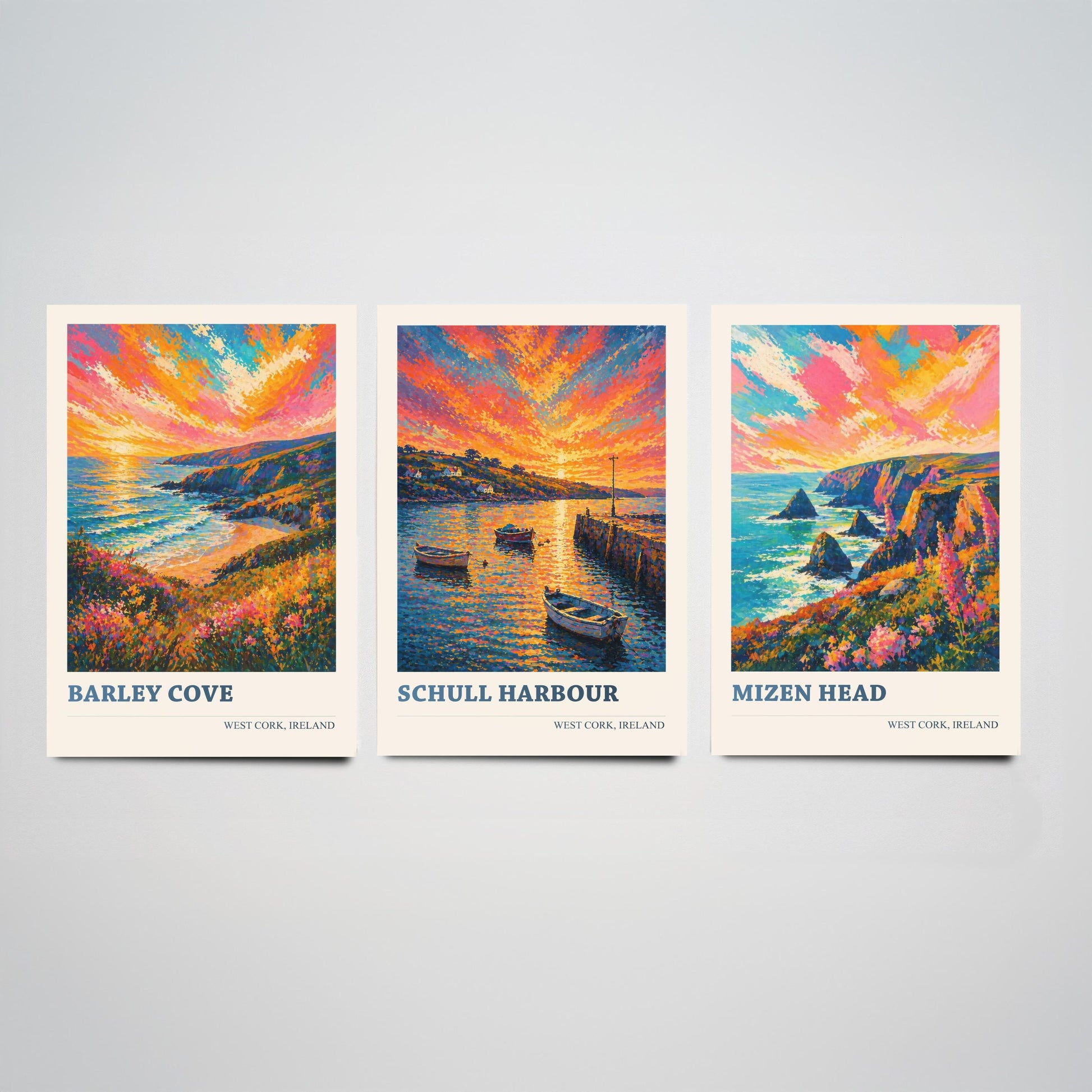 West Cork Ireland Set of Three Art Prints | Barley Cove Schull Harbour Mizen Head Painting Poster